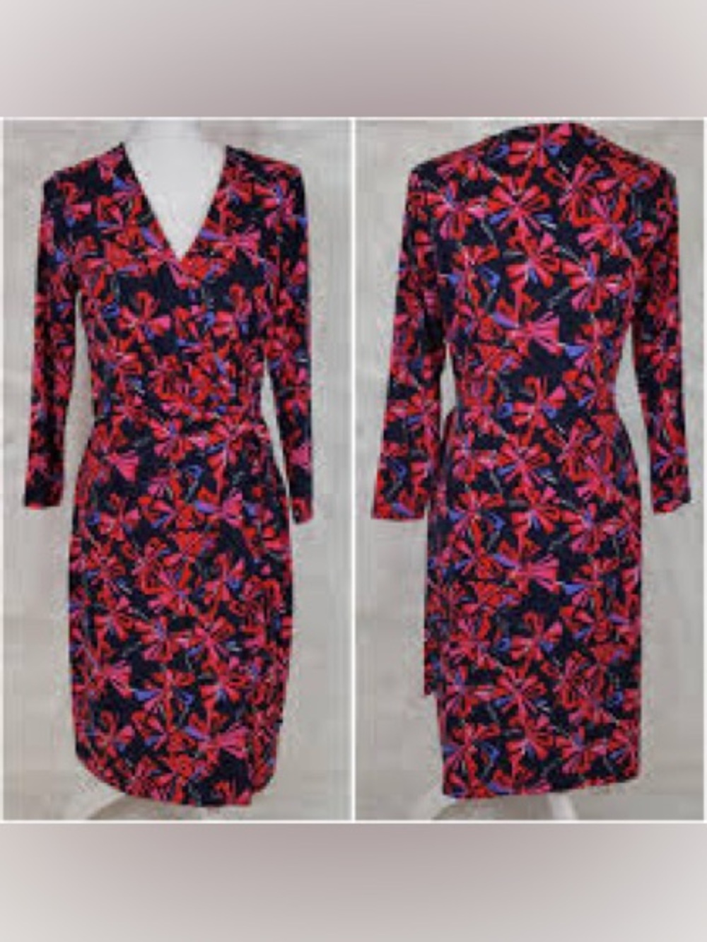 Anne Klein Navy Wrap Dress with Pink & Red Floral Print